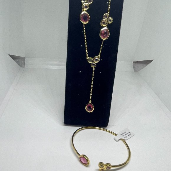 Real Simple Style Talia Necklace Bracelet & Earrings Gold w/Pink & Clear 3 items - Picture 6 of 12